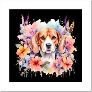 A beagle decorated with beautiful watercolor flowers Posters and Art